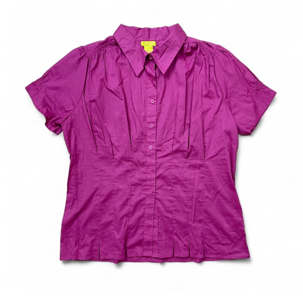 NEW Mango Isle Purple Pink Poplin‎ Button Up Collared Pleated Blouse Top Large